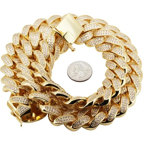 14k Yellow/White GP AAA CZ 24mm Cuban Link Chain Necklace Bracelet 9”-30”